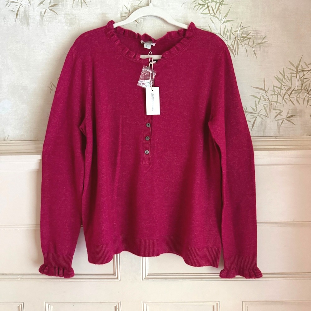 NWT Sundance Sweater Edwina Henley Pink Wool Cashmere Blend Ruffle Knit Large